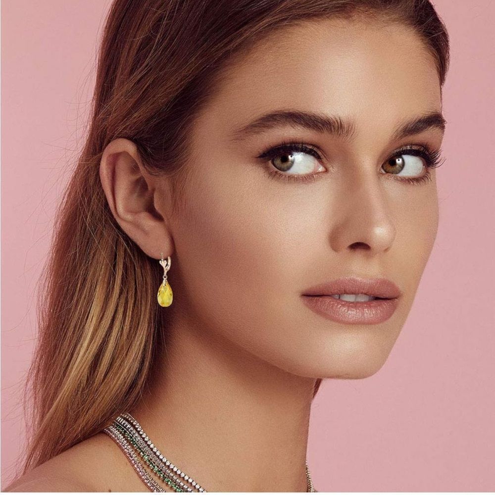 14K Yellow Gold with Yellow Citrine Austrian Crystal Teardrop Leverback Earrings - Picture 4 of 7